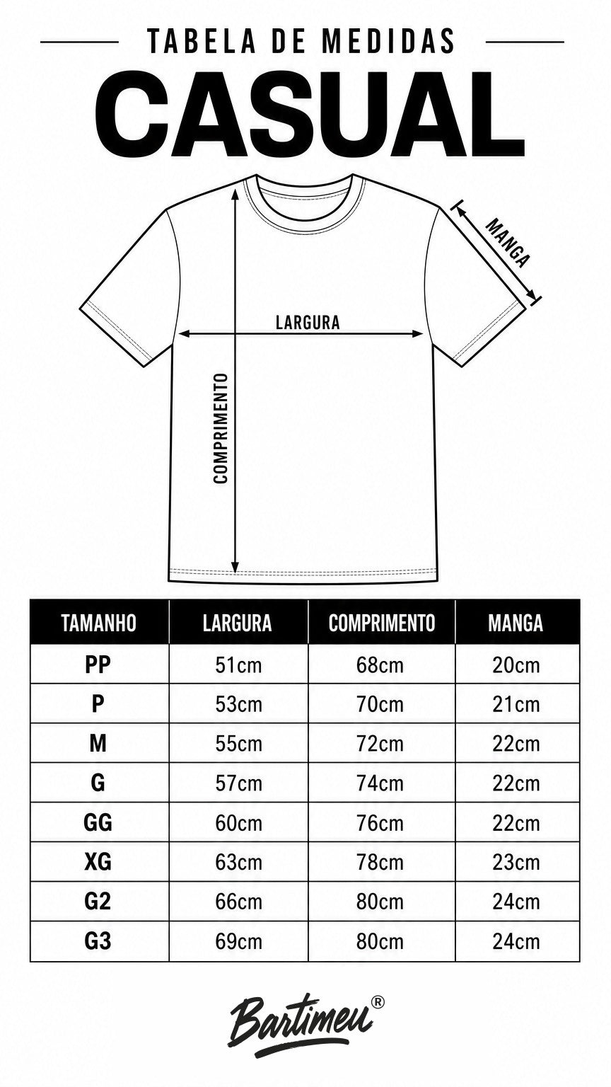 Tabela de medidas Casual