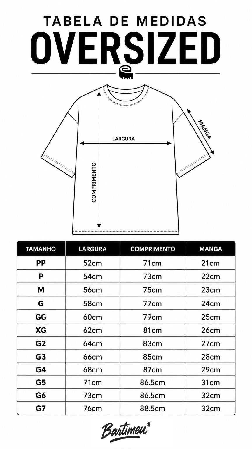 Tabela de medidas Oversized